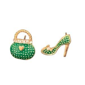Playful Mismatched Green Stiletto & Handbag Studs - Gold Tone Pavé Earrings